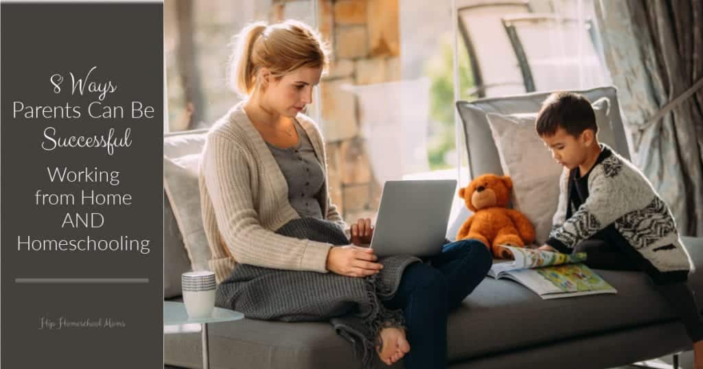 mom working on computer while son reads a book